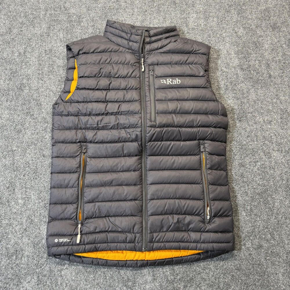 Rab Microlight Mens Small Black Pertex Down Puffer Vest Orange Hiking Outdoor